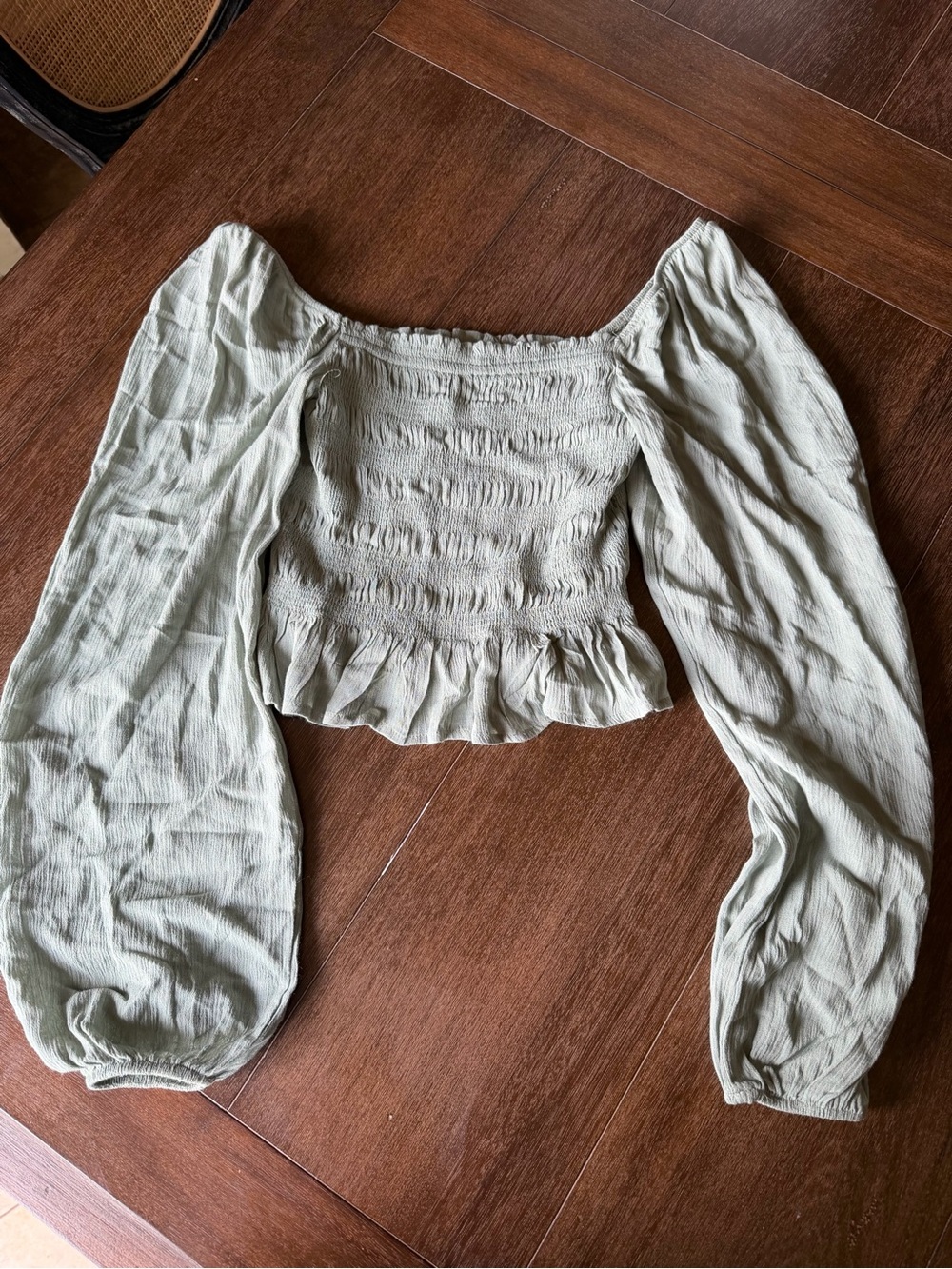 Forever 21 Sage Green Smocked Off-Shoulder Crop Top